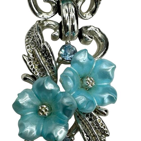 VTG Signed Star Blue Thermoset Floral & Blue Rhinestone Silver Tone Bracelet - Picture 6 of 9